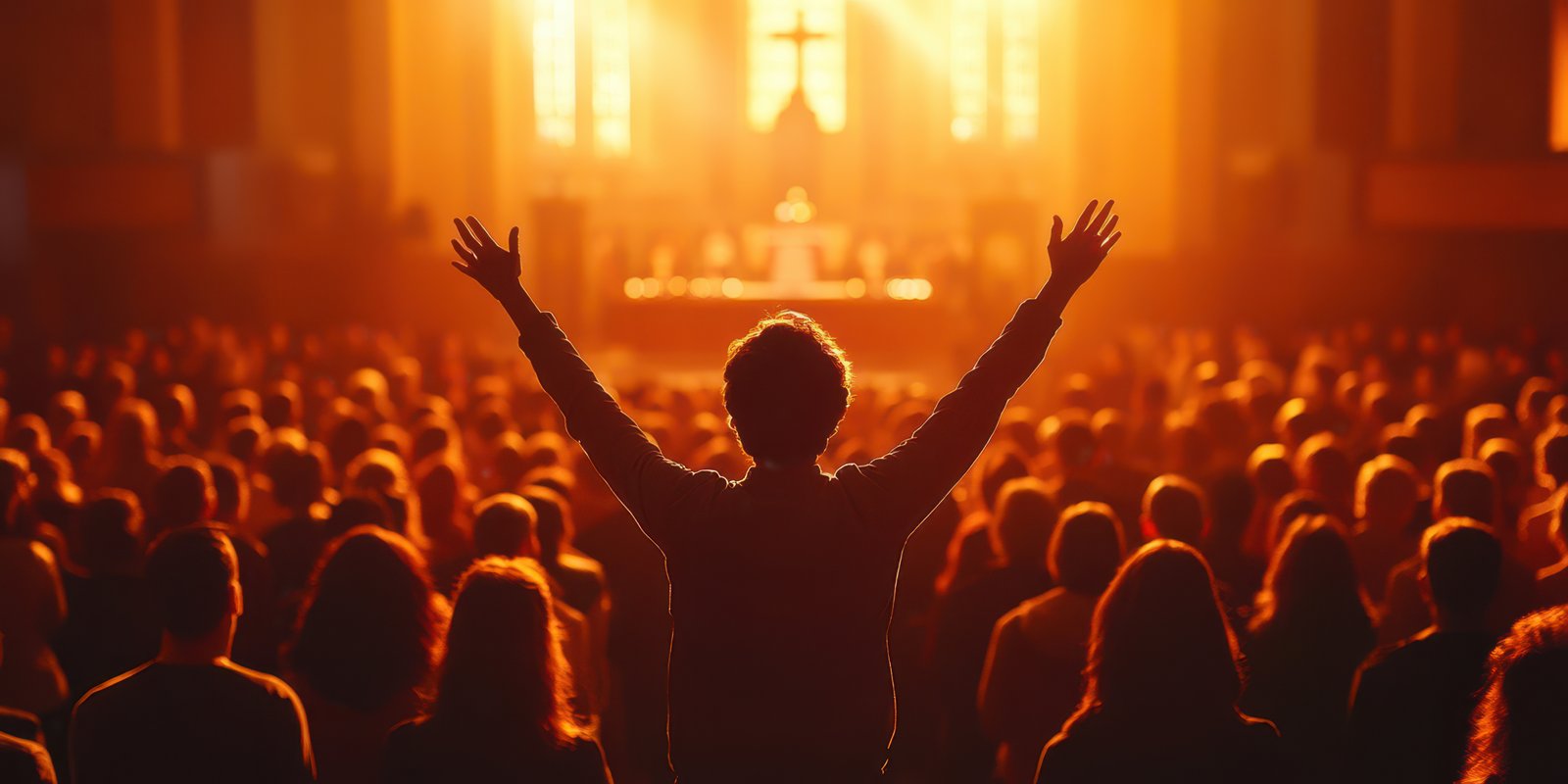 Worshippers gather in a church during a vibrant service filled with light and emotion